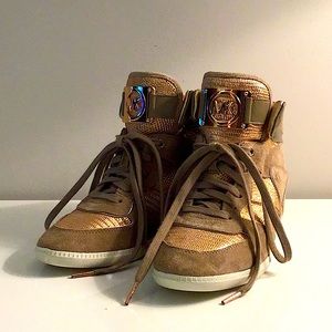 Michael Kors Size 9.5 US Metallic Leather and Suede Wedge Sneakers